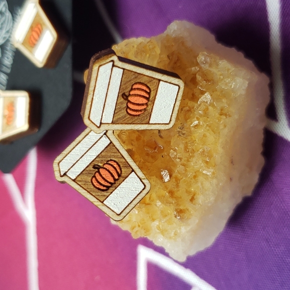 Hand Crafted Jewelry - 🎃☕ Pumpkin spice latte laser cut wood stud earrings